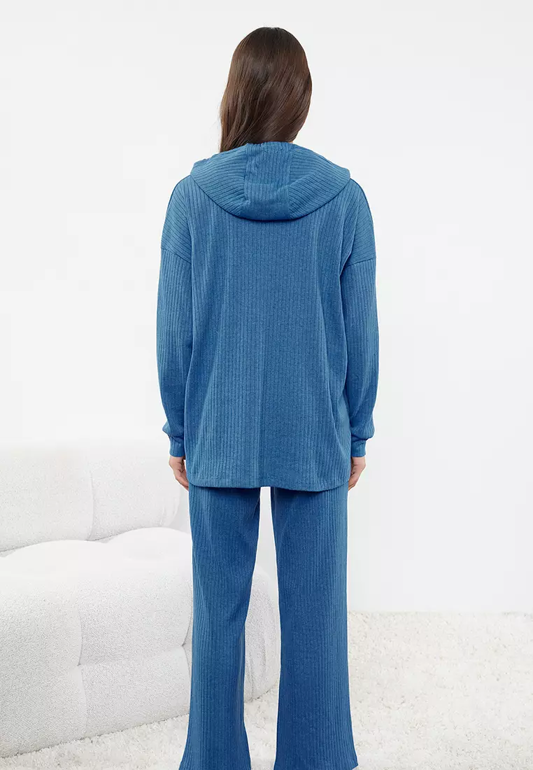 Blue Hooded Ribbed Knitted Pajama Set Thmaw22Au0334
