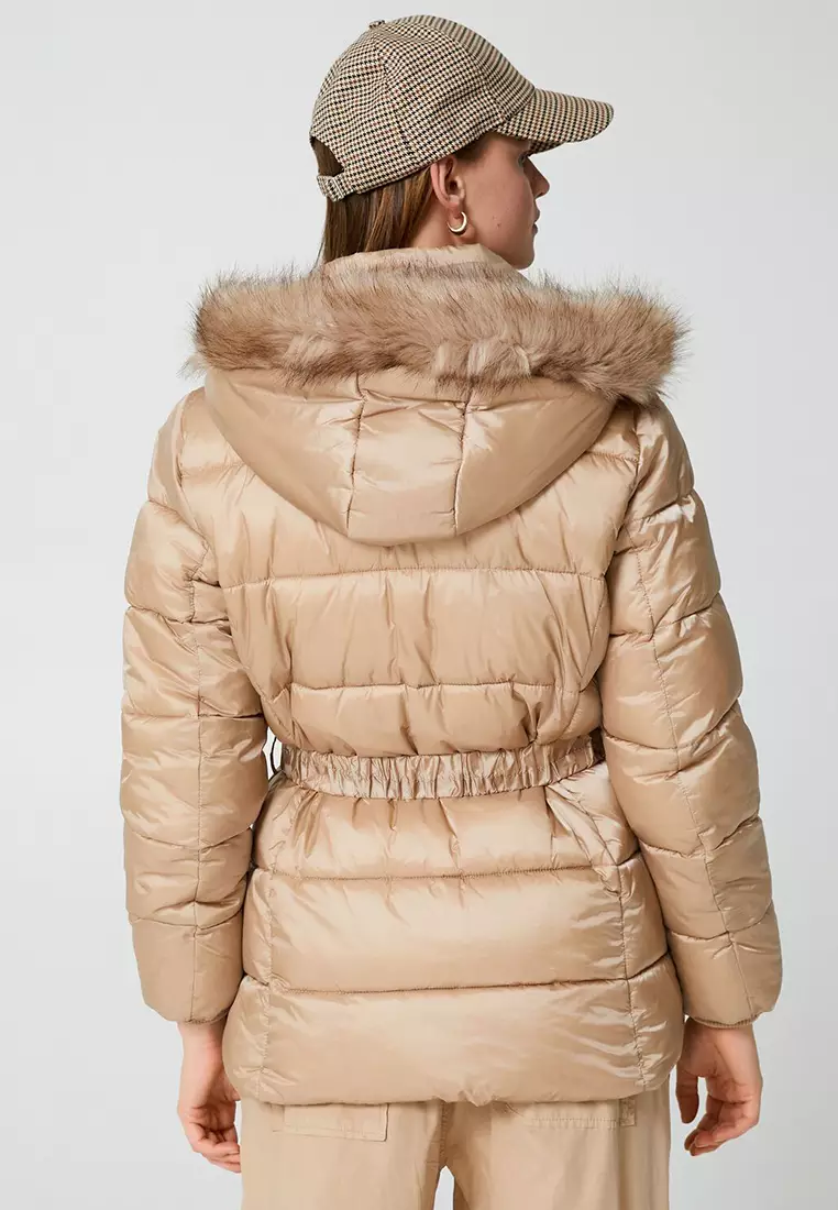 Hooded Faux Fur Collar Puffer Coat