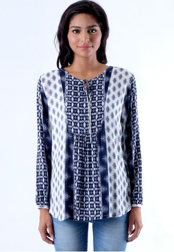 NIRINA boho blouse with ethnic printed and front tie feature