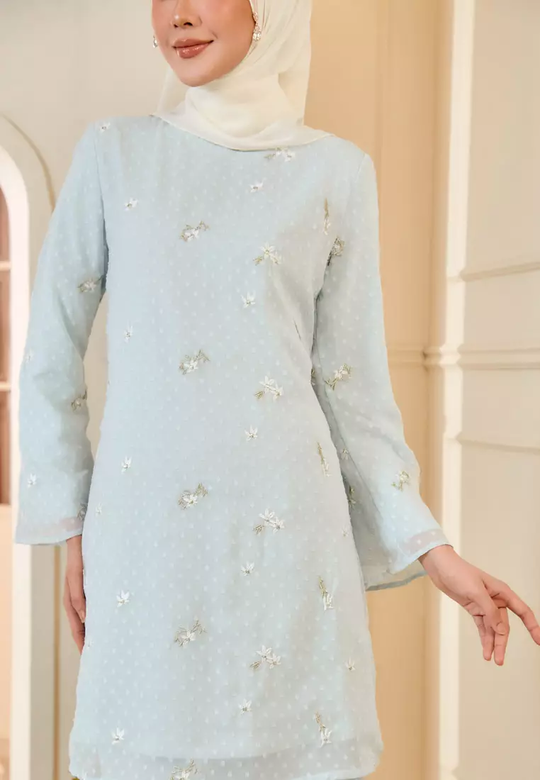 PUTRI Sulaman Emas Chiffon Embroidery Baju Kurung Modern in Mint Green