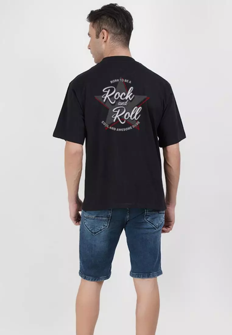 超大摇滚黑色棉质短袖圆领休闲 T 恤