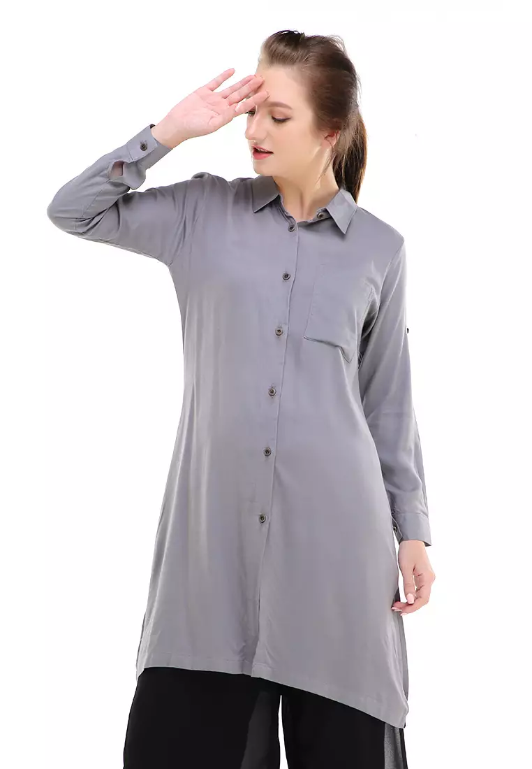 Eleazar Tunik Long Sleeve Motif Solid Design Casual Atasan Wanita Regular Fit - Dark Grey