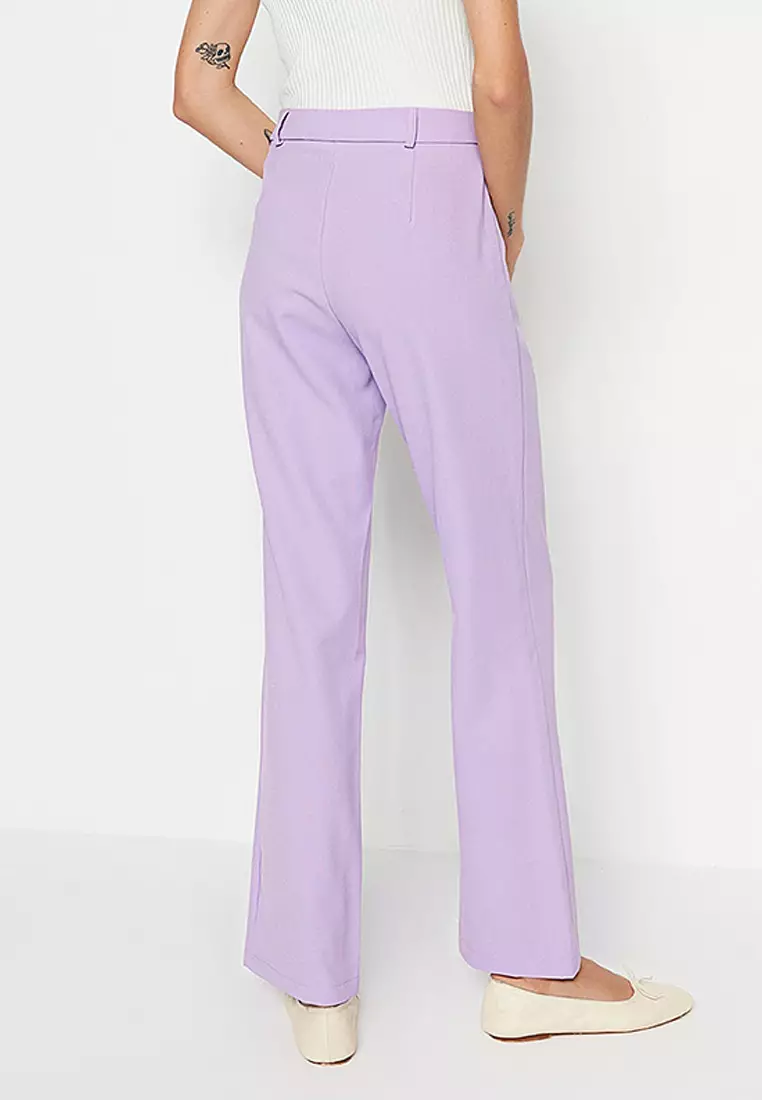 Lilac Straight High Waist Ribbed Stitched Woven Trousers