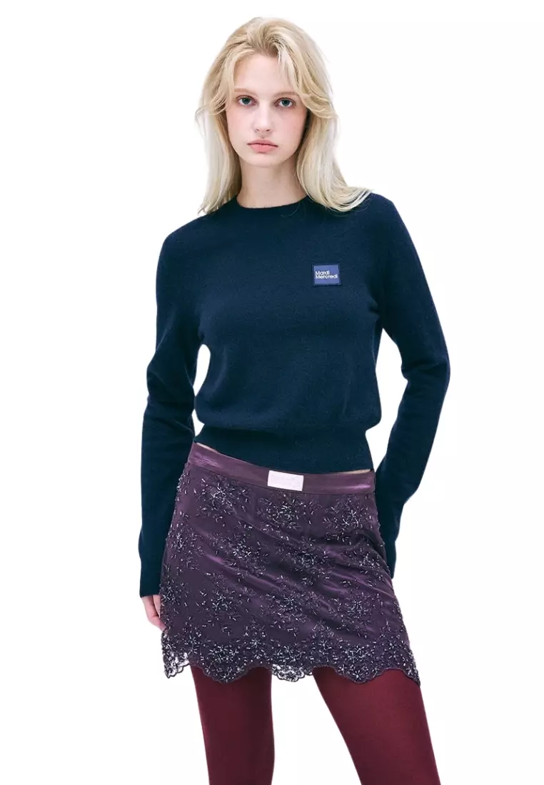 Cashmere Blended Round Neck Square Logo - Navy