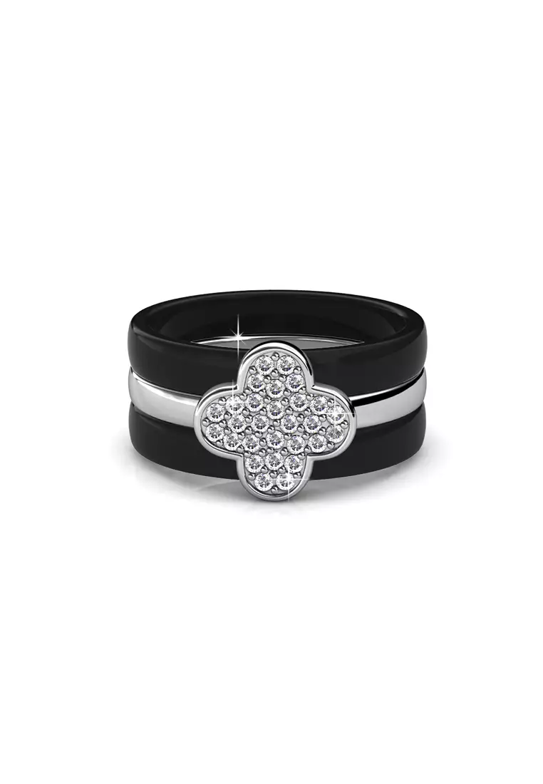 Clover Ceramic Ring Black - Cincin Crystal by Her Jewellery