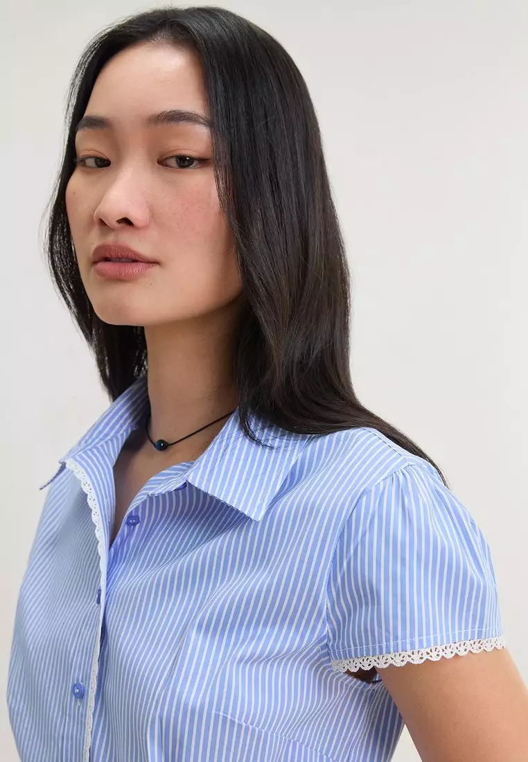 Lace Trim Stripe Fitted Blouse - Blue