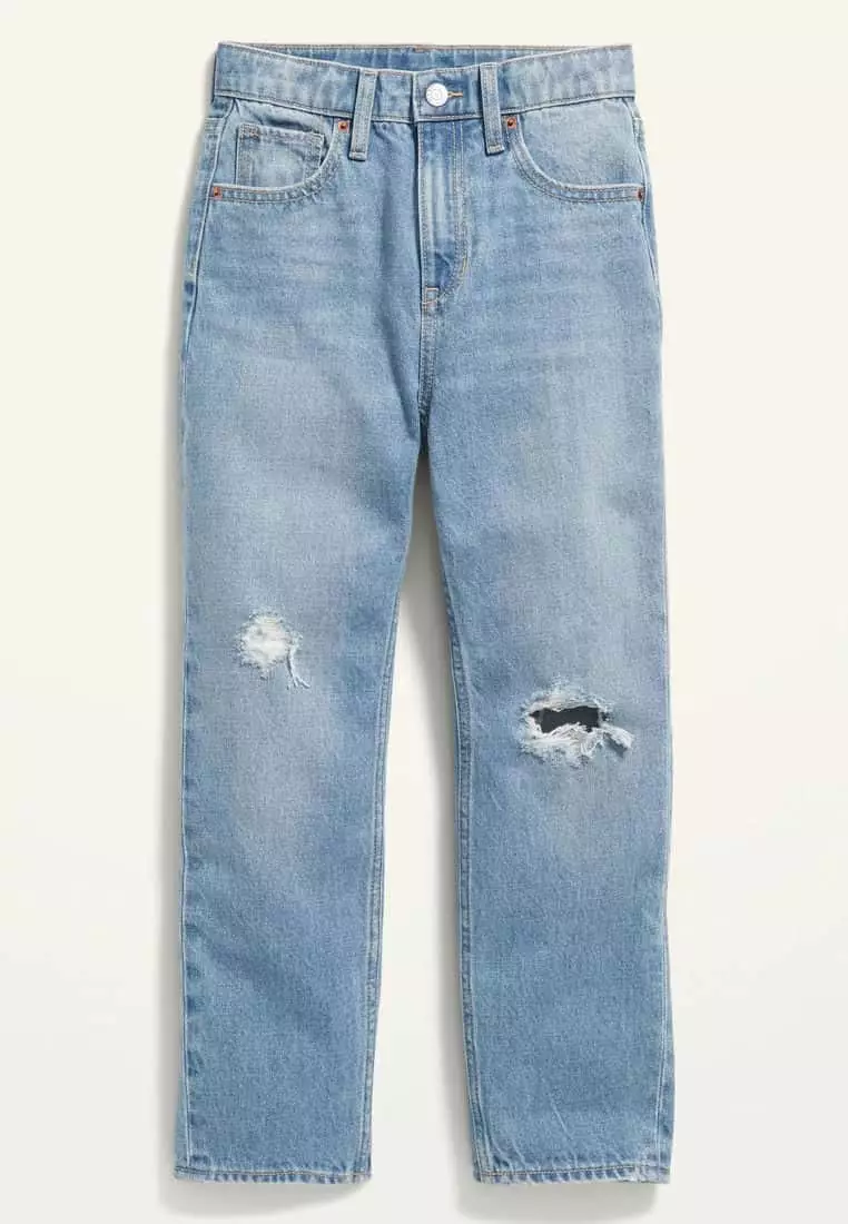 High-Waisted Slouchy Straight Ripped Non-Stretch Jeans for Girls