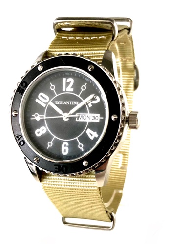 EGLANTINE 銀色 EGLANTINE® Vanessa 女士精鋼石英手錶黑色錶盤，卡其色NATO表带 F099FAC204867DGS_1