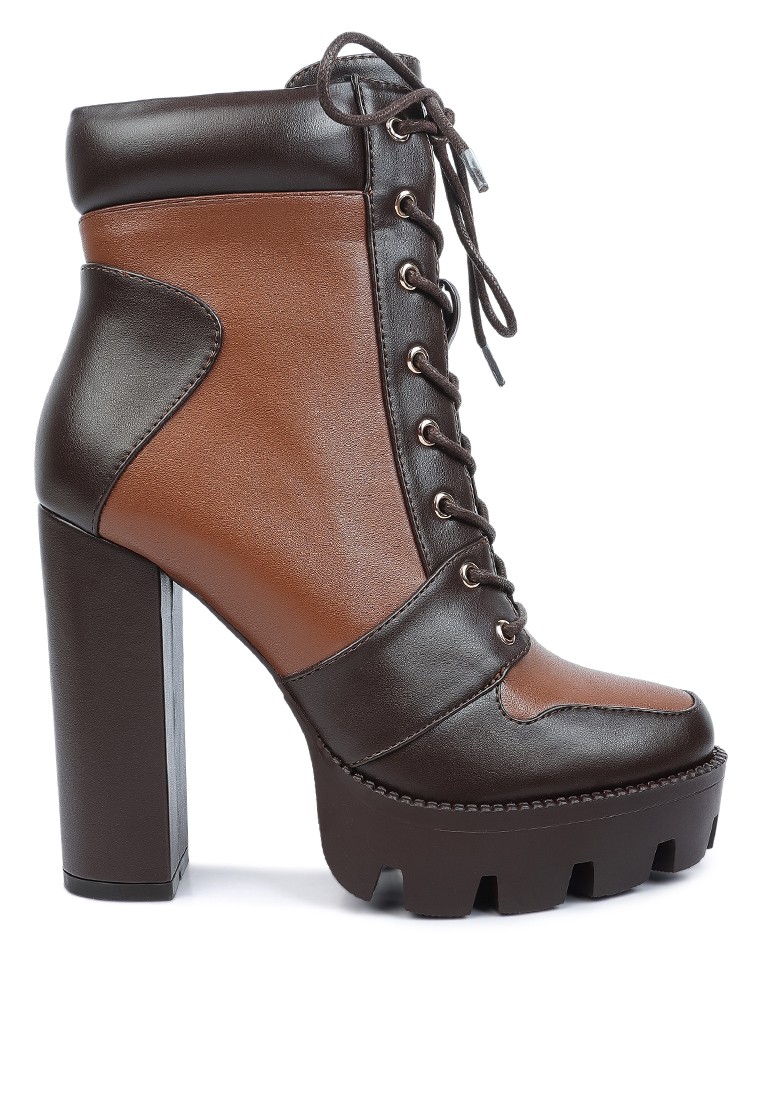 Cow printed lace-up block heel boots in Brown