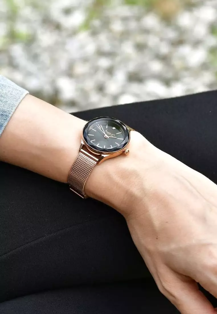 Geometric Mineral Glass Feat SWAROVSKI®Crystal Watch Rose Gold Black