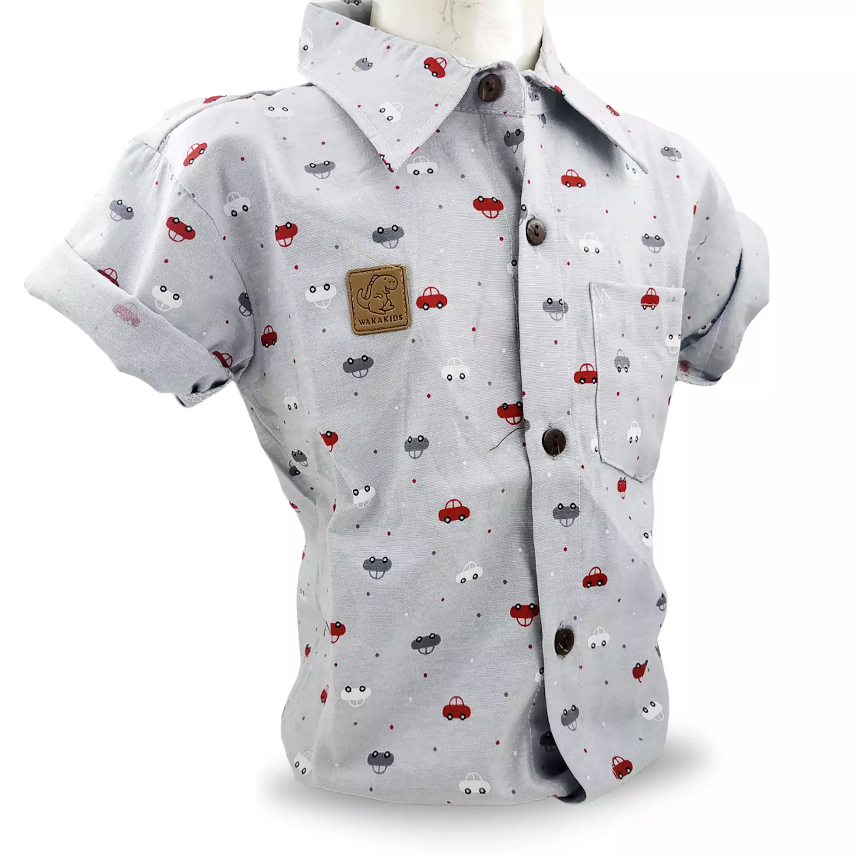 Wakakids Baju Atasan Kemeja Anak Laki Laki Usia 6 Bulan Hingga 8 Tahun Motif Car Full Printing Collar Shirt 4074 Abu Tua