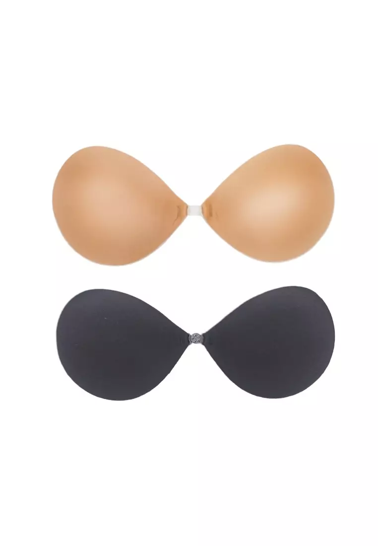 2 Pair Laura Collection Adhesive Bra Backless Strapless Reusable Push Up  Strapless Invisible Sticky Bra for Women (E, Black)