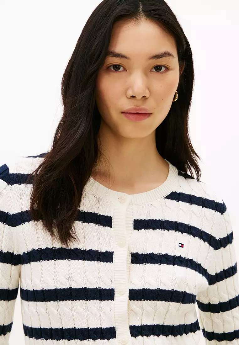 Mid-Gauge Cable Knit Round Neck Cardigan - TH Mainline