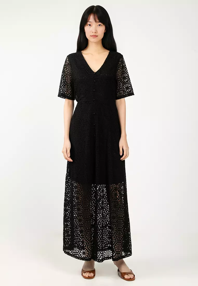 black lace off the shoulder maternity dress Black Off-the-shoulder Midi Maternity Dress With Sleeves, Black / S