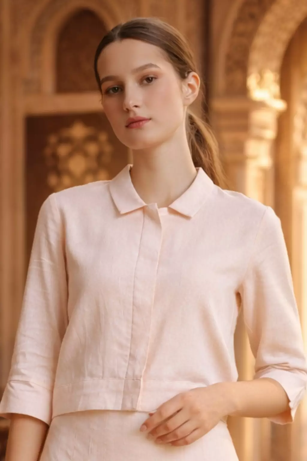 Essentials Cropped One Set Linen Top & Pleated Skirt Set Pink (One Set Shirt & Skirt)