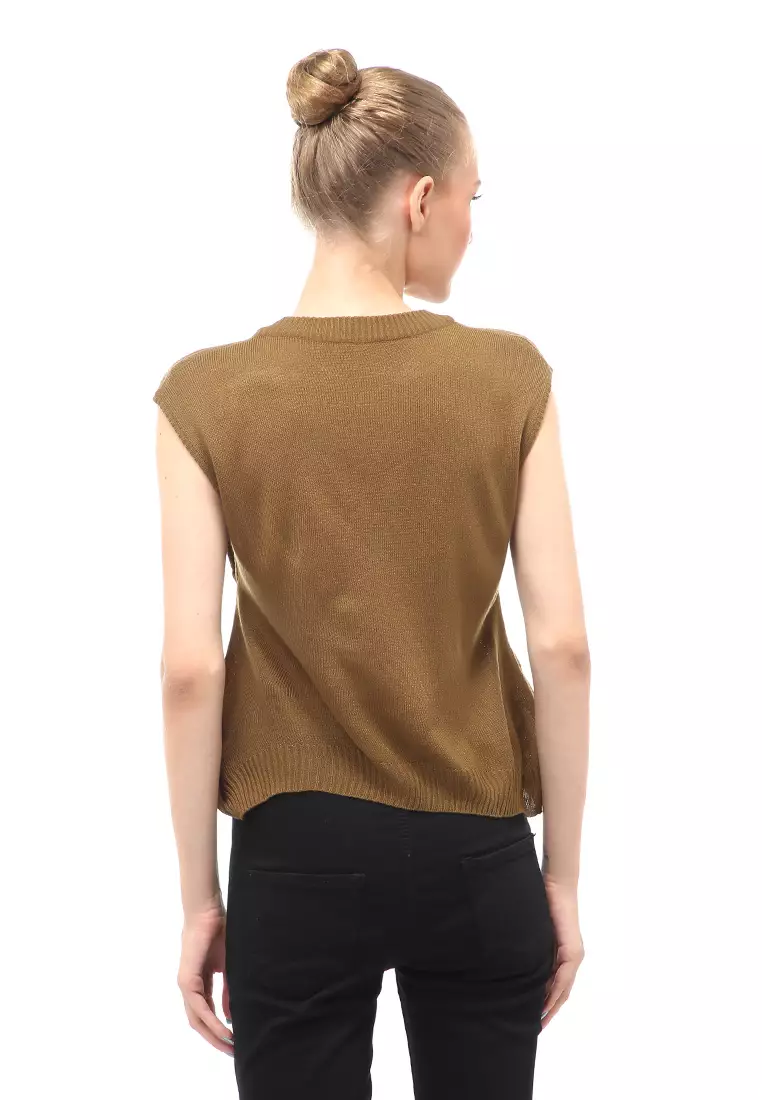 Vest Knit Atasan Wanita Sleeves Kerah V-neck Design Simple - Brown
