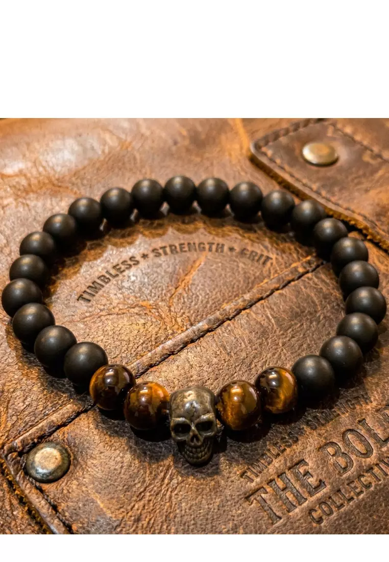 Aksesoris Gelang Pria SKull Matte Onyx & tiger Eye Bracelet Black, Brown & Silver