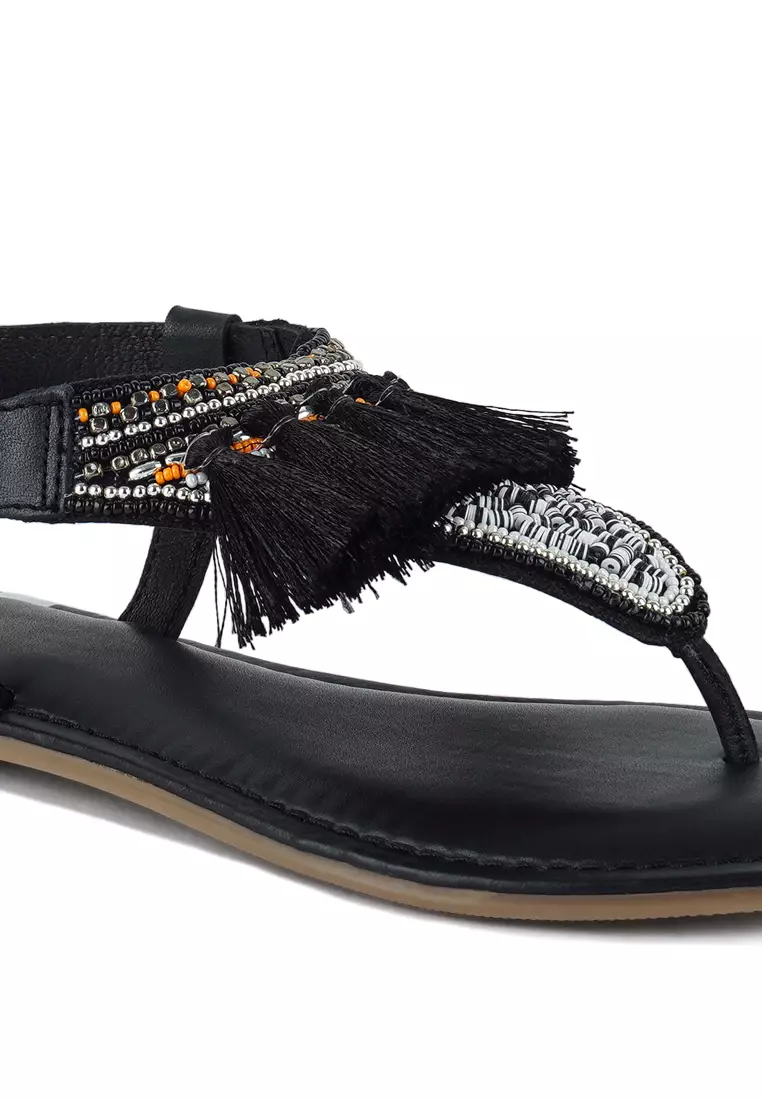 Genuine Leather Tassel Sandals in Black