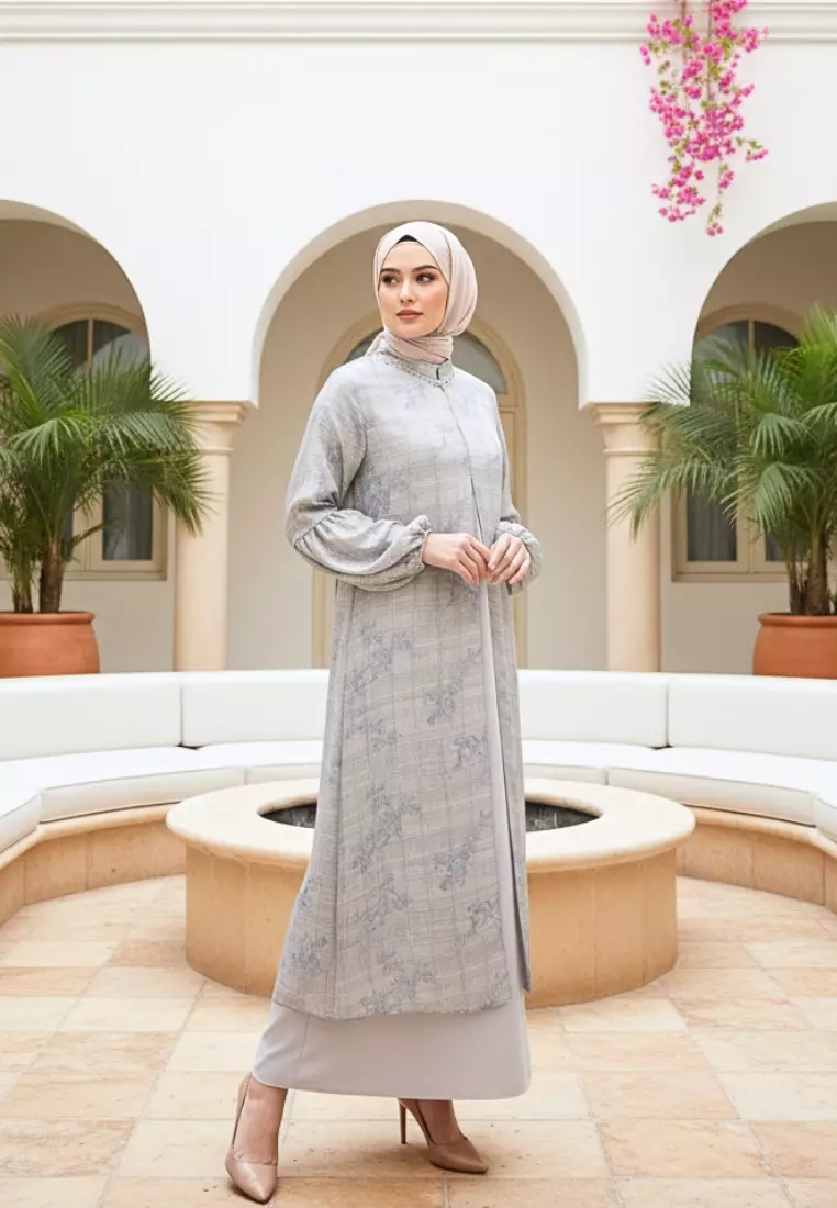 Gamis Wanita Motif Floral Cream Premium Dress Muslimah Elegan Lengan balon By Brilliant Girl Warna CREAM