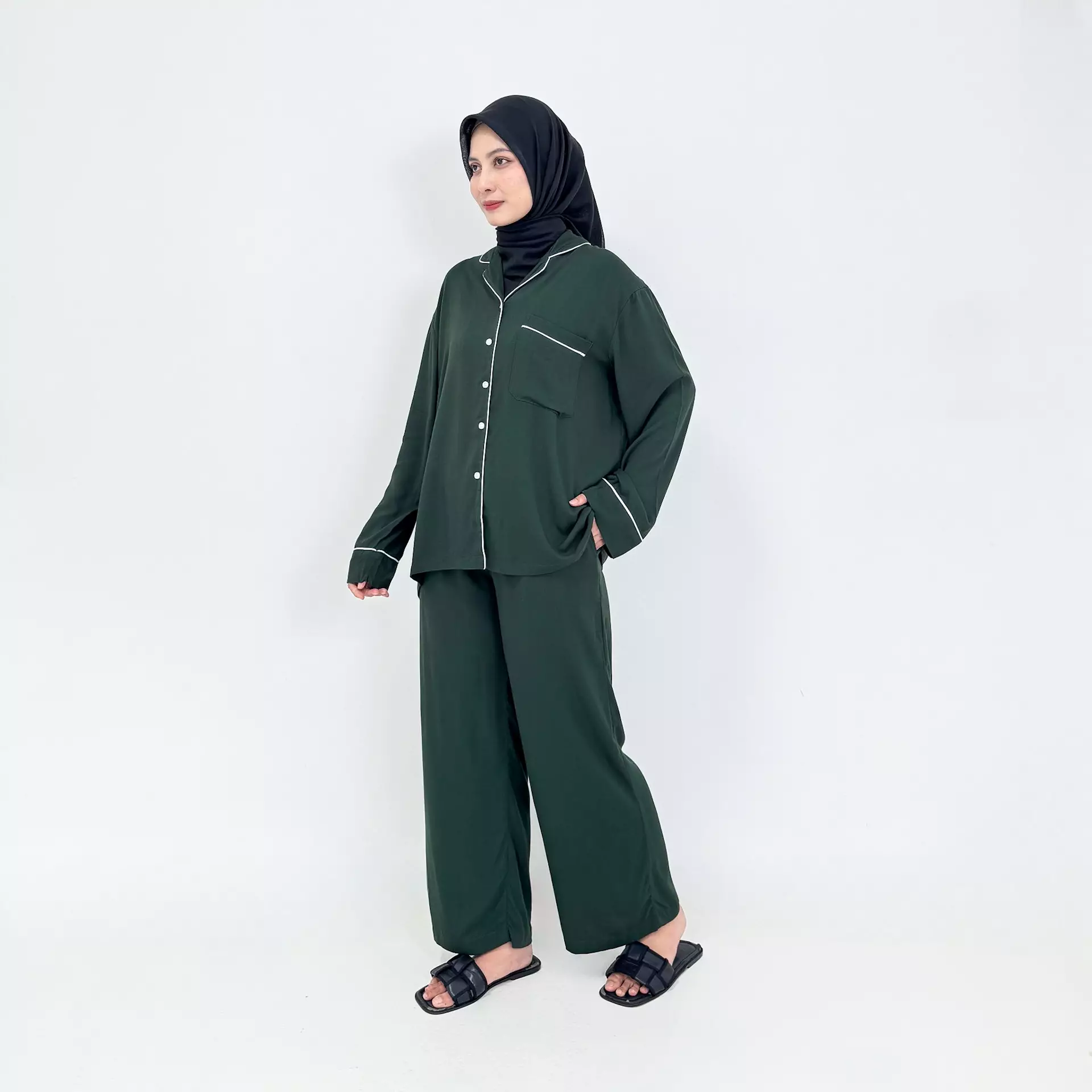 Piyama Serena Set HIJAU Size L-XXL Setelan Baju Tidur Lengan Panjang Wanita Katun