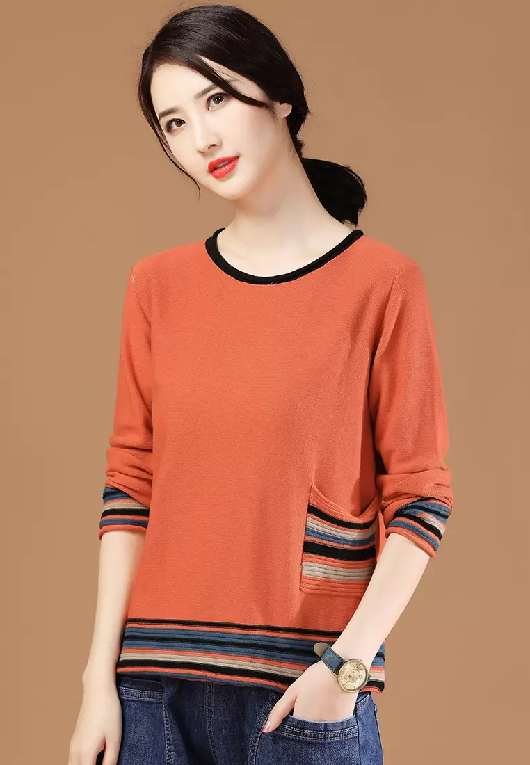 Buy A IN GIRLS Contrast Round Neck Striped Sweater 2024 Online