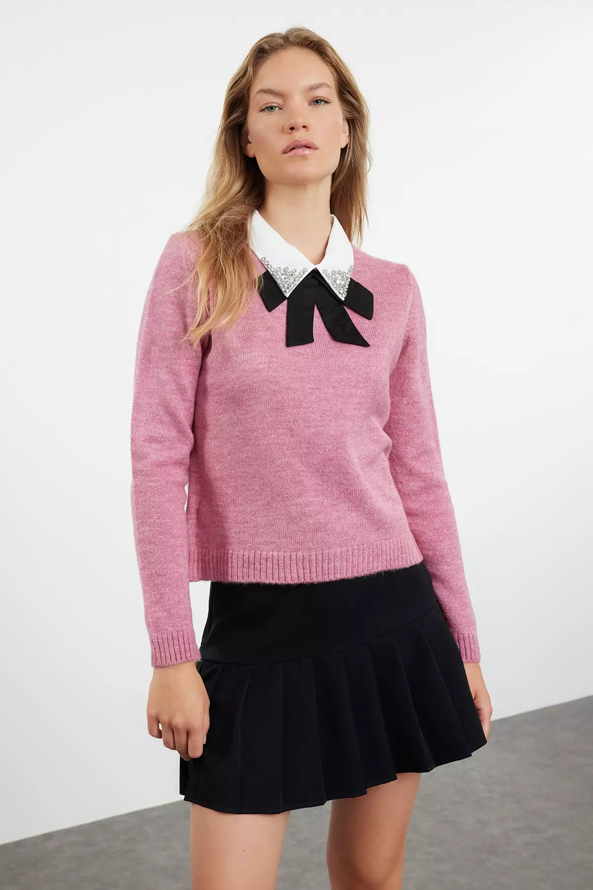 Dusty Rose Soft Texture Shirt Garnished Ribbon/Bow Detailed Stone Knitted Sweater