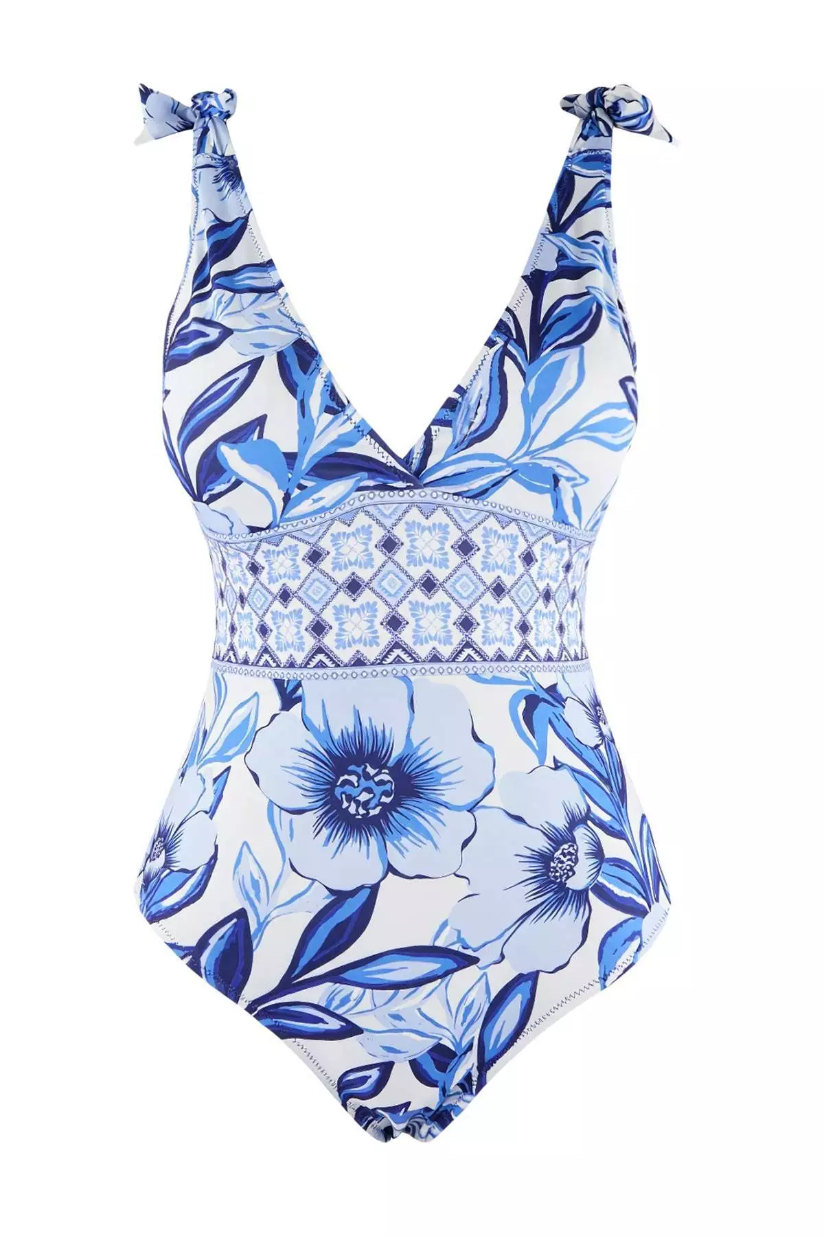 Floral Pattern Covered Deep V-Neck Regular 2-Piece Suit Skirt Swimsuit Tbess26Ma32