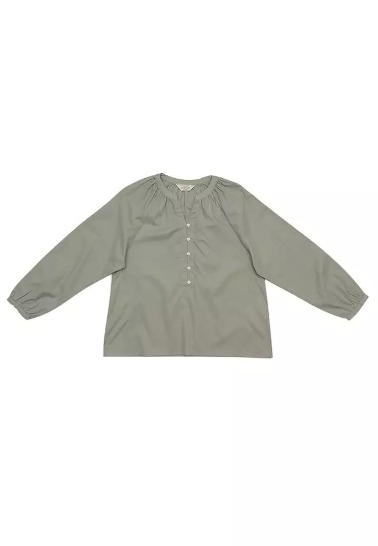 Women's Cotton Linen V-Neck Long Sleeves Loose Fit Half Placket Shirt