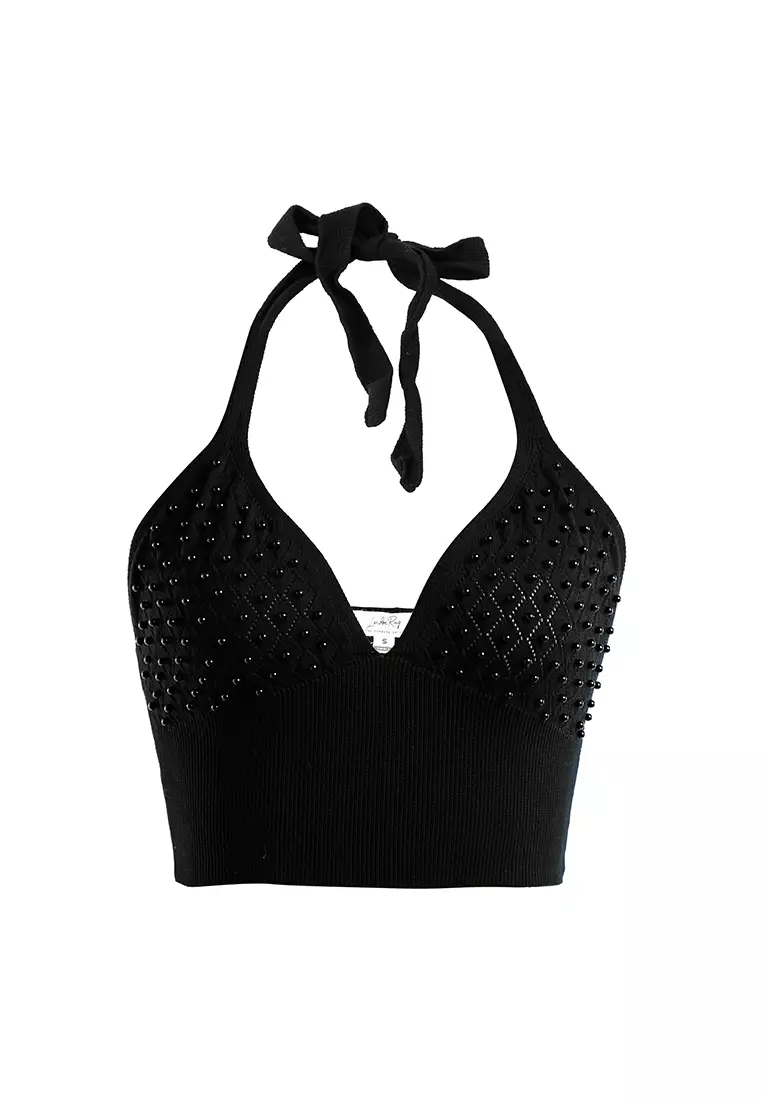 Atasan Leher Halter Rajutan Trim Mutiara dalam Warna Hitam