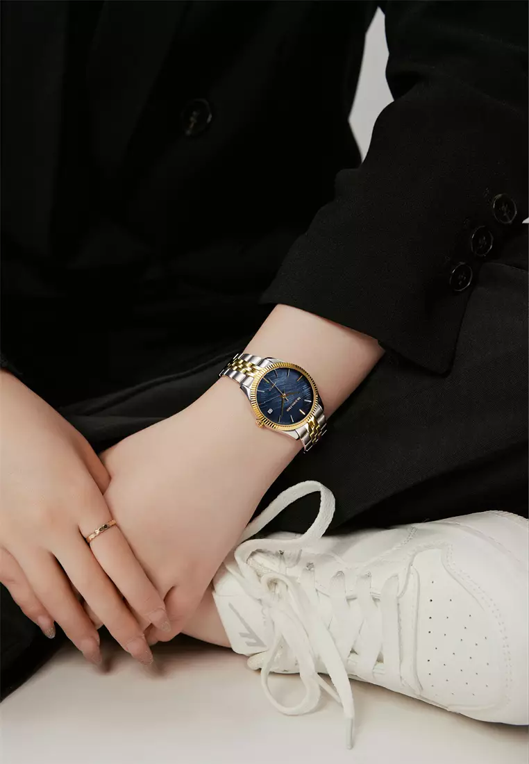 Women's Watch 32mm Round Black River Scallops Dial Stainless Steel Strap Calendar Function Rose Mary- Black