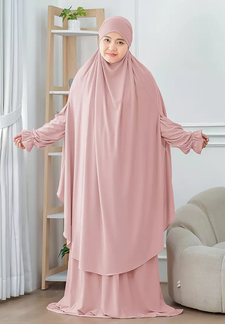 Wafa French Khimar Set | One Set Dress Abaya Syari - Powder Pink - XL