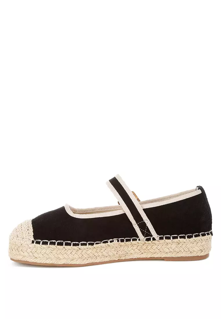 Sepatu Espadrilles Mary Jane Kulit Suede Lembut Warna Hitam