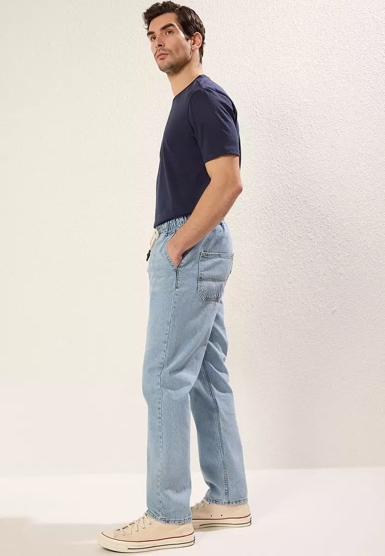 Blue Regular Fit Elastic Waist Wide Cut Loose Jeans TMNAW24JE00025