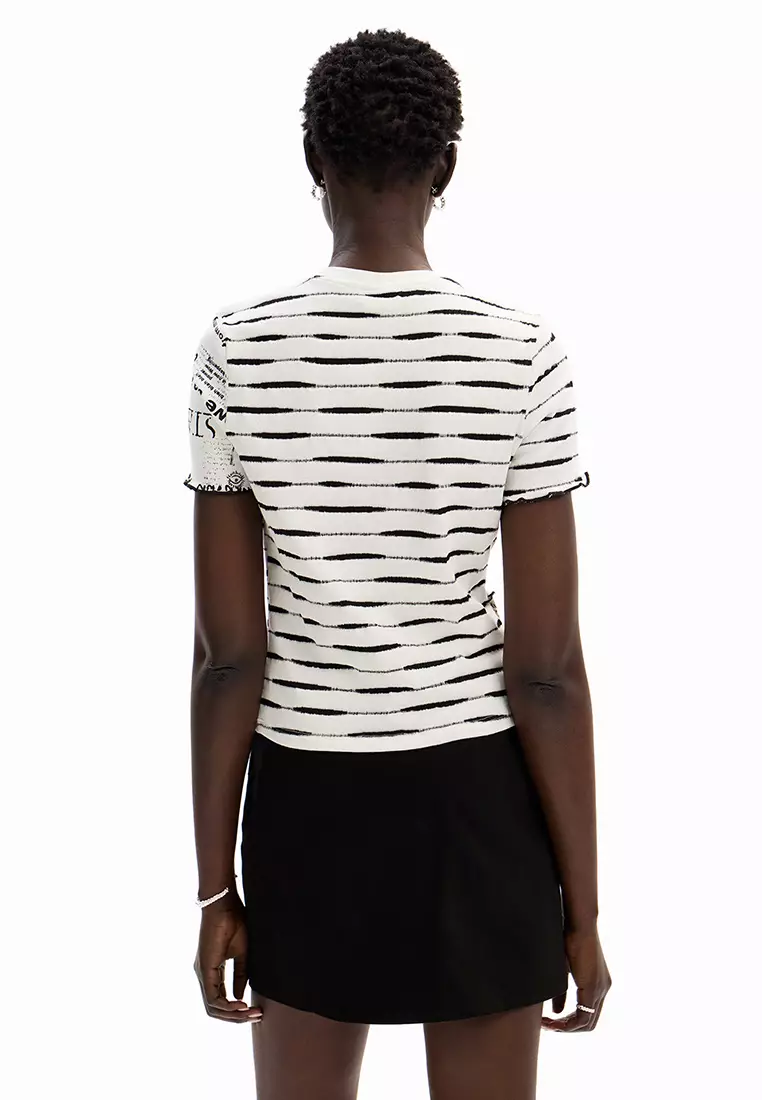 Desigual Woman Striped patchwork newspaper T-shirt.