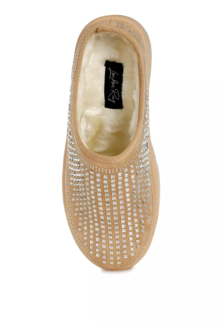 Beige Rhinestones Embellished Platform Classic Slip-On