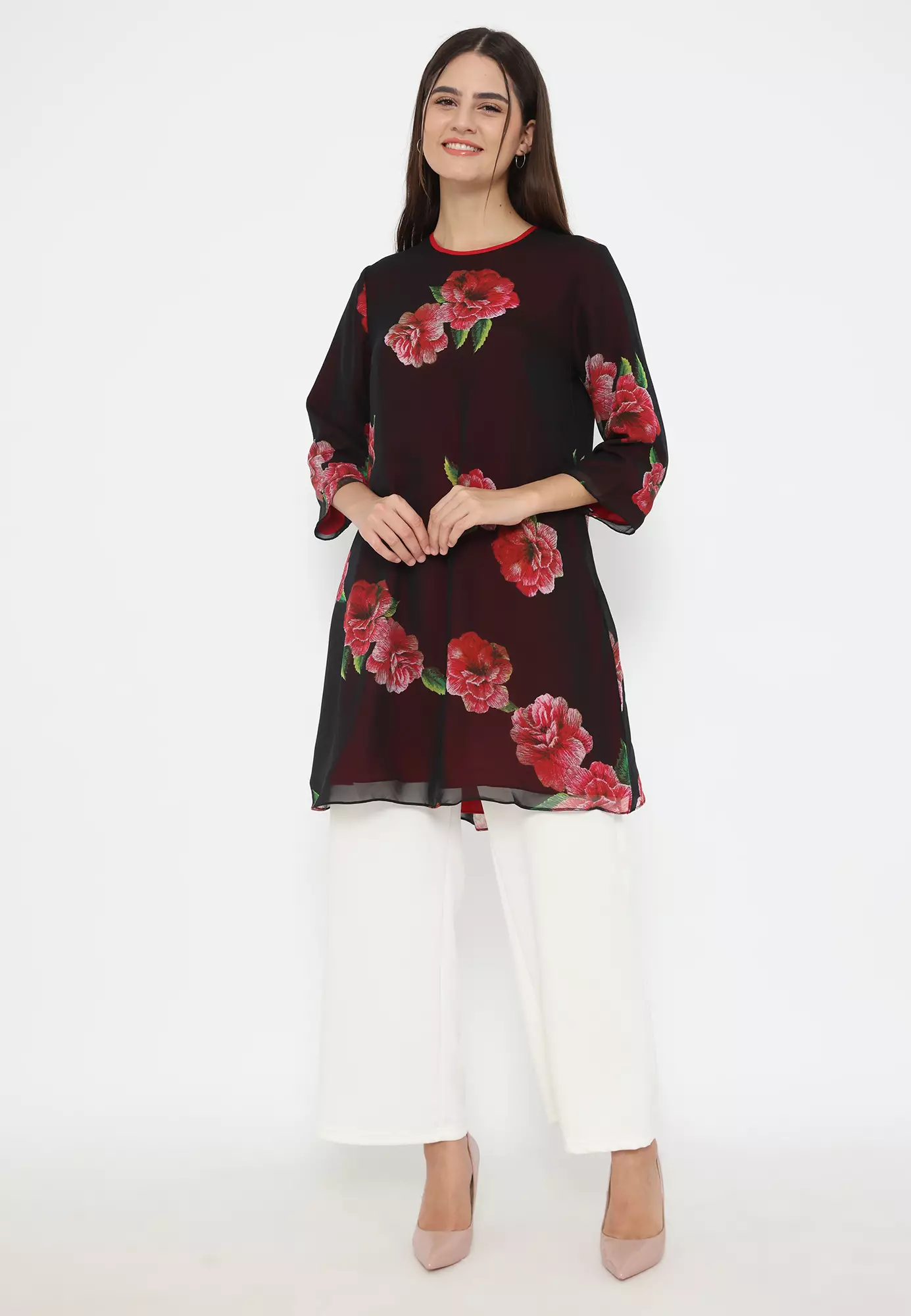 Rose Pattern Mini Dress Chiffon In Black By Brilliant Girl Warna HITAM