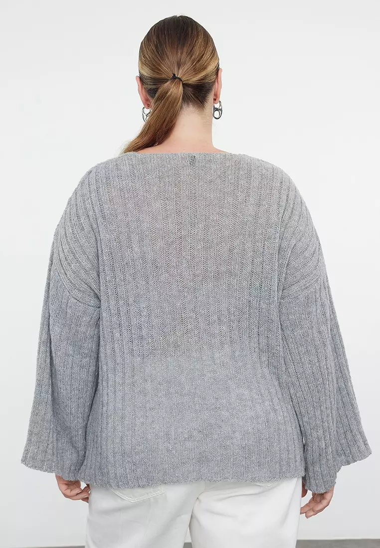 Gray V-Neck Ribbed Knitwear Sweater Tbbaw25An00023