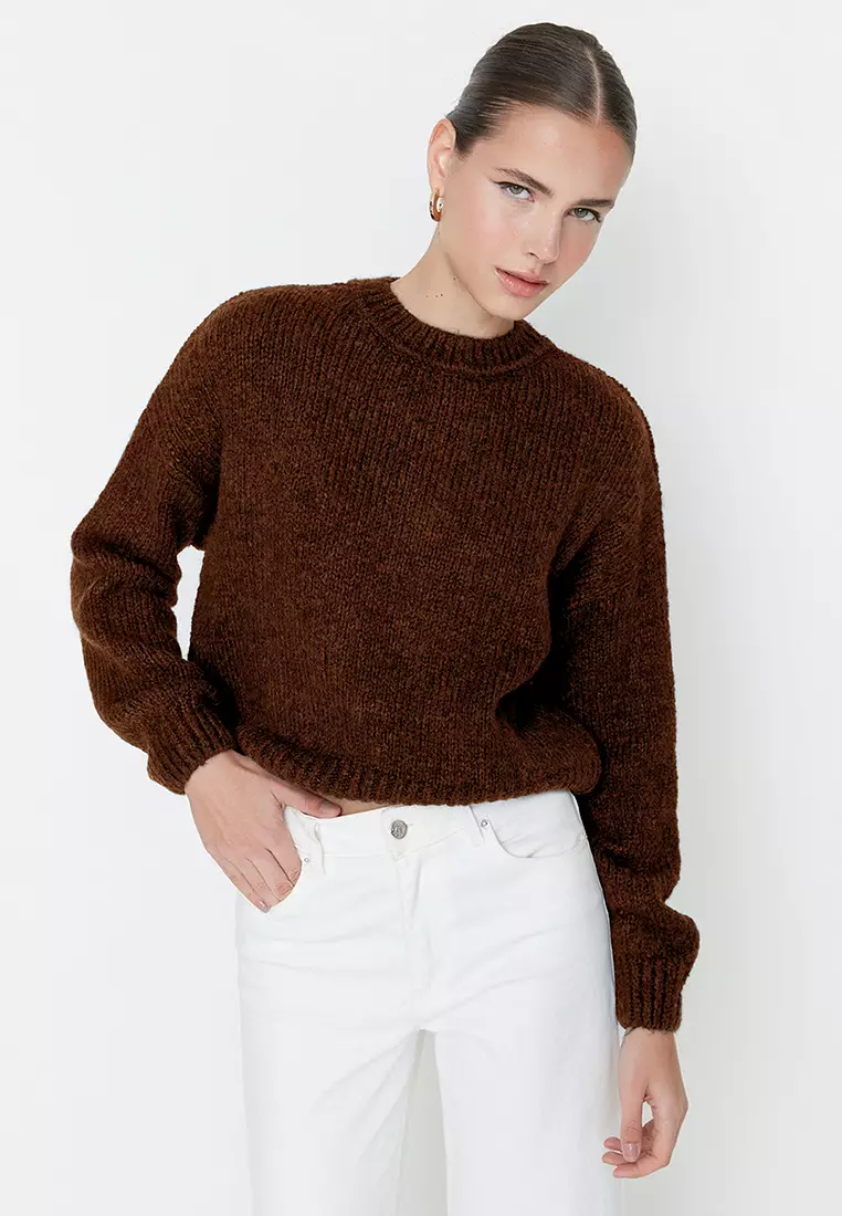 Brown Wide Fit Soft Textured Basic Knitwear Sweater