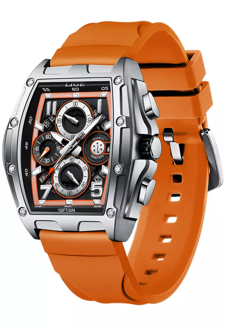 男女通用酒桶形不鏽鋼石英手錶配橡膠錶帶