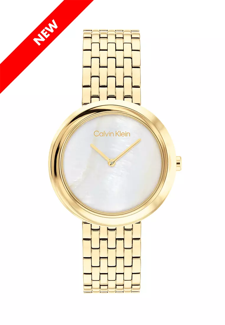 Women's Ionic Thin Gold Plated Steel Bracelet and White Mother of Pearl Dial Quartz Basic Slim Watch - CK25200321