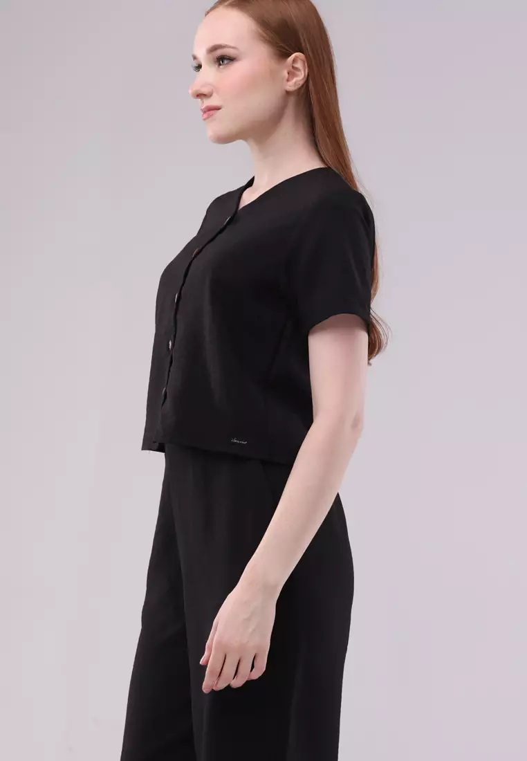 Plain Soft Wrinkled Woven Short Sleeves Terno Pants