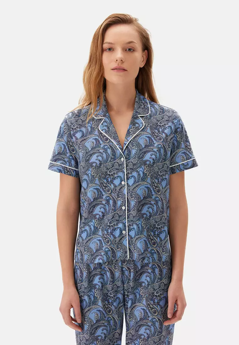 Blue Shirt & Trousers Knitwear Set, Paisley Printed, Shirt Collar, Regular, Long Leg, Short Sleeve Sleepwear for Women