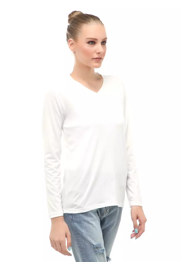 Kaos Polos Atasan Wanita V-Neck Lengan Panjang Design Simple Relaxed Fit - Putih