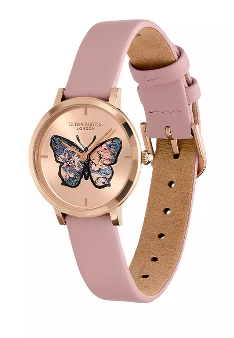 Olivia Burton 28mm Butterfly Ultra Slim Blush & Mellow Rose Leather Strap Watch - 24000126