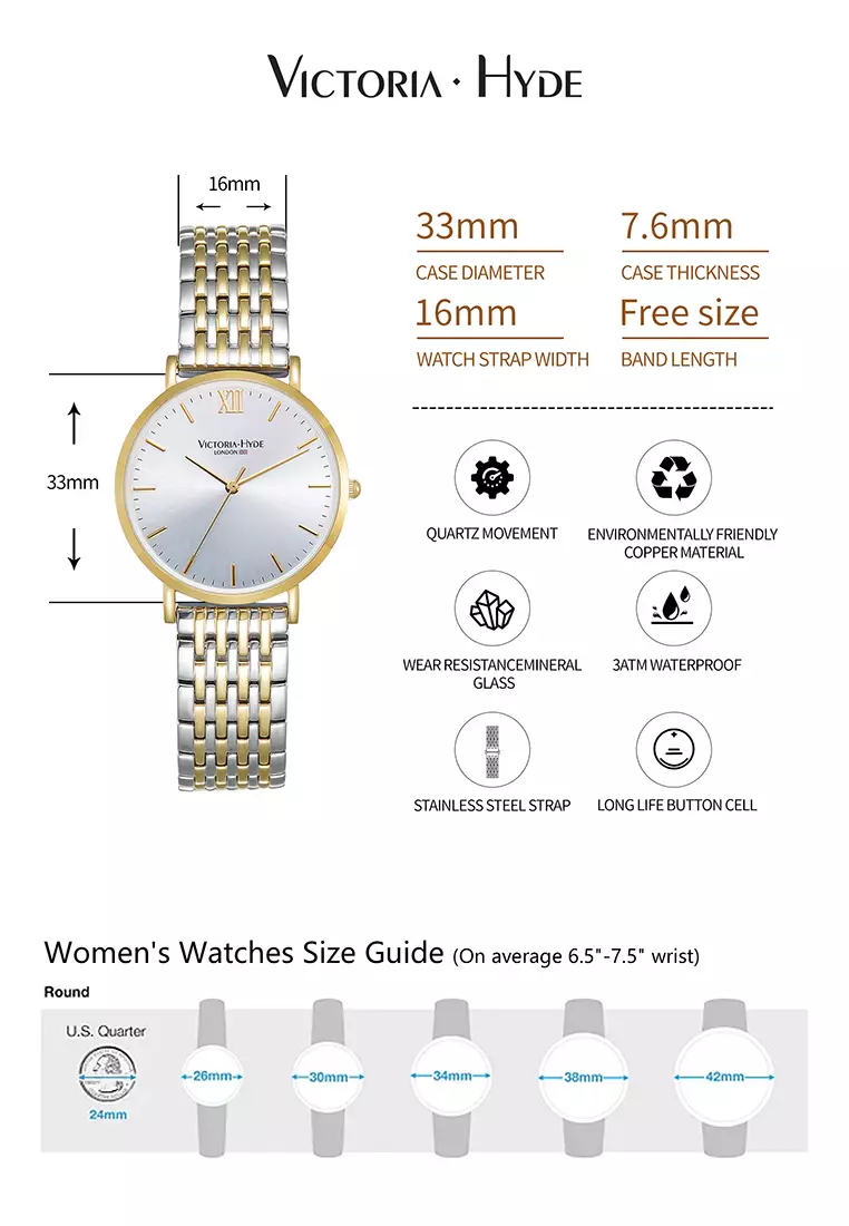 女士手表 經典雙色金銀不鏽鋼表鏈 金色 33mm圓形外殼-金色