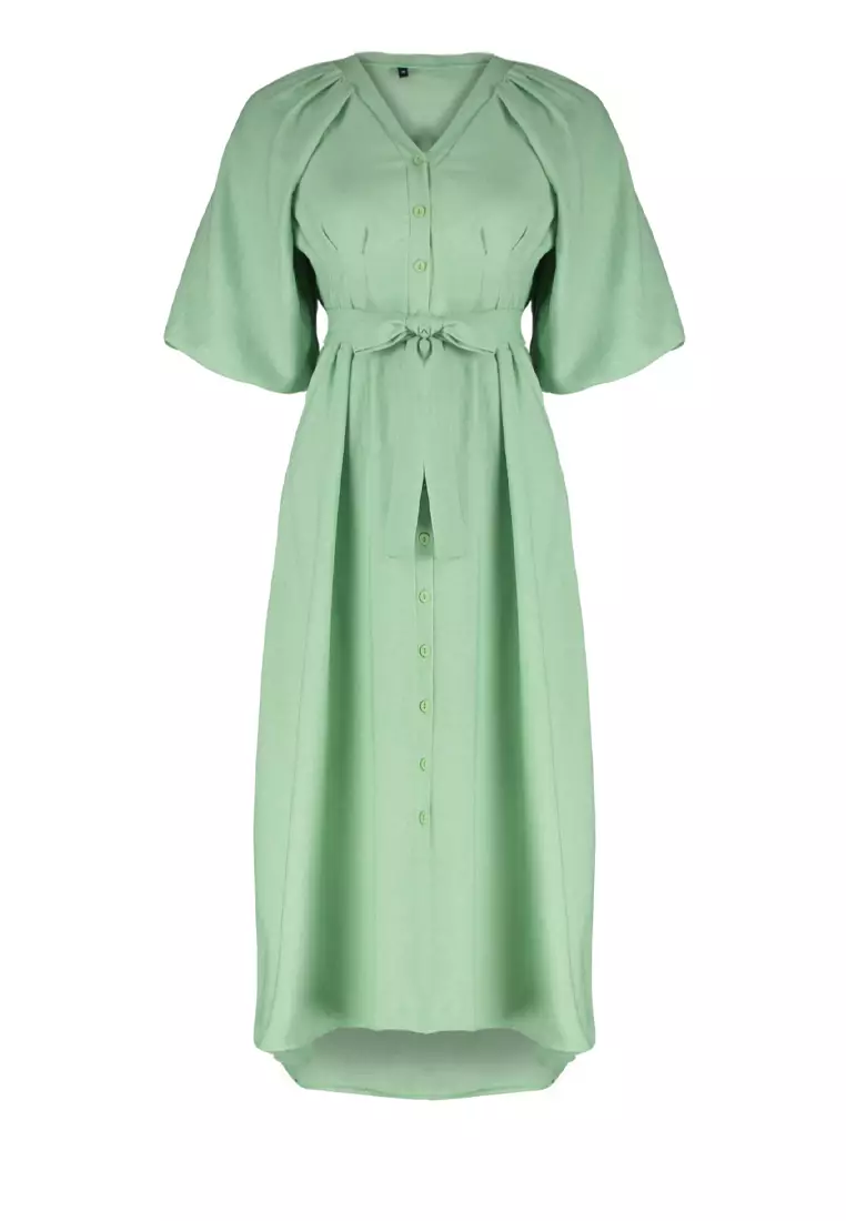 Belted Half Balloon Sleeve Shirt Dress