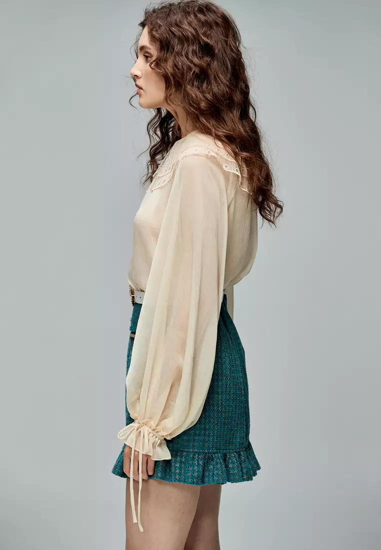 Chiffon Top With Lace Bertha Collar