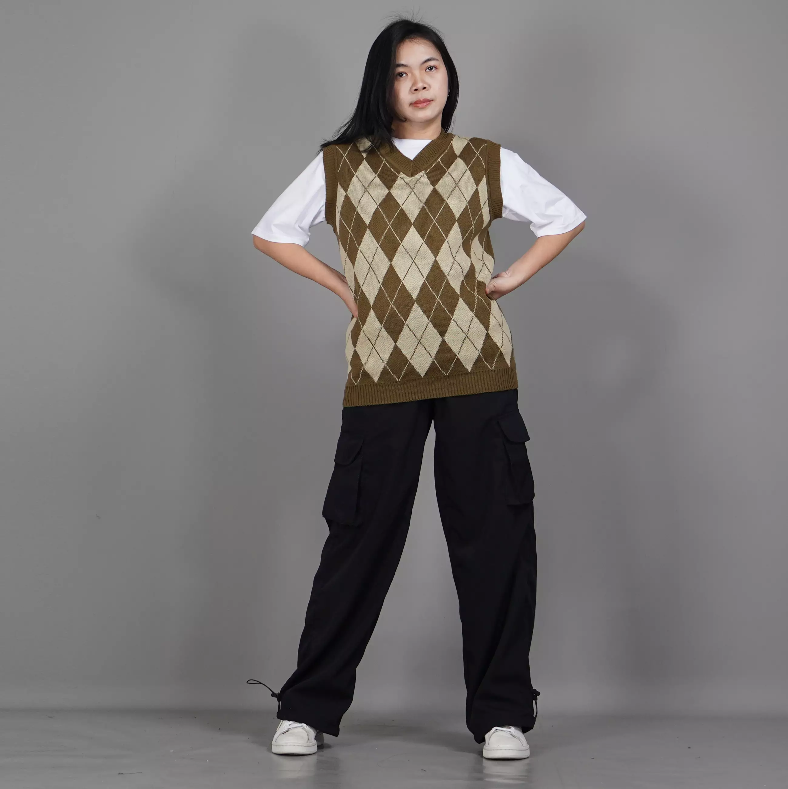 VEST WINDY Kardigan Rajut Motif Ketupat Knit Cardigan - BRONZE