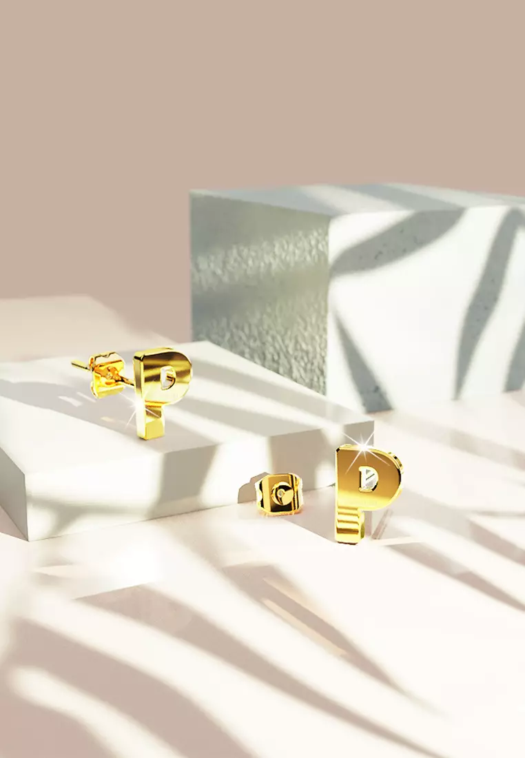 Bold Alphabet Letter Initial Charm Earrings in Gold Tone - P