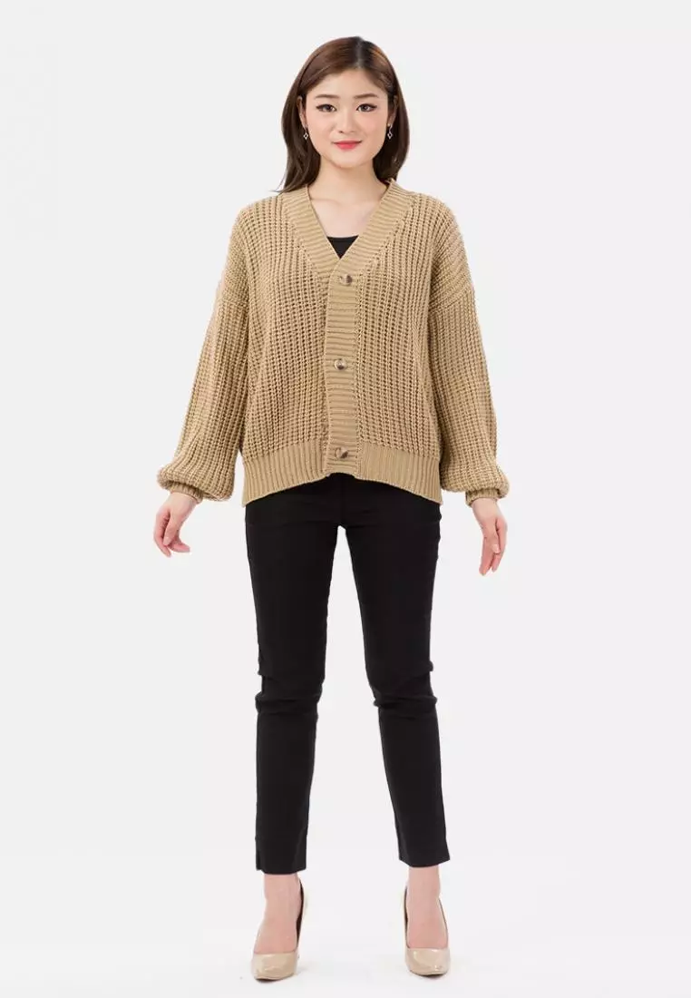 Button Puff Sleeve Knit Cardigan